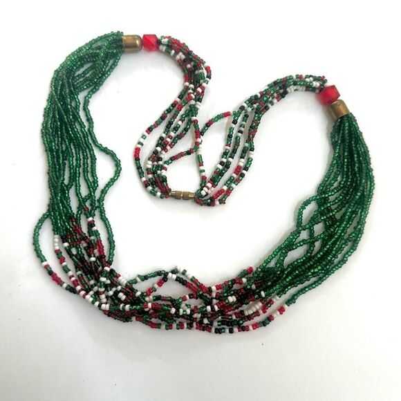 Red and green seed beaded multi strand necklace - Picture 6 of 11